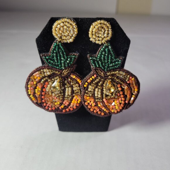 Jewelry - Handcrafted Beaded Pumpkin Statement Earrings Lightweight Festive Fall Jewelry